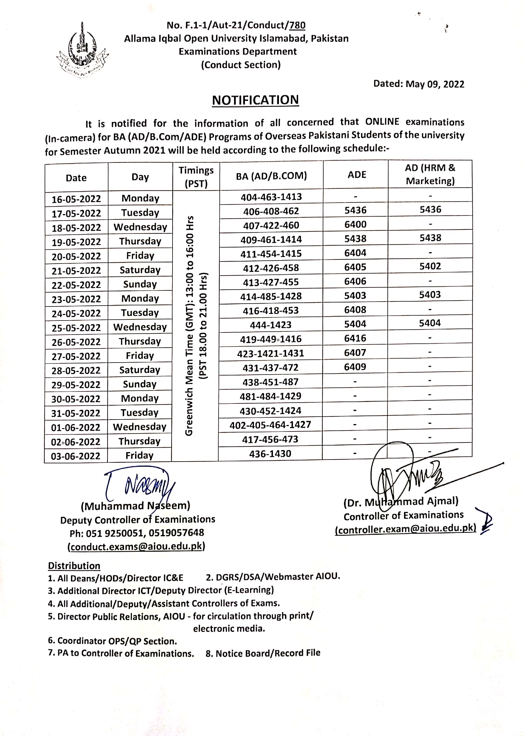 AIOU BA ADE Autumn Semester Exams 2022 Date Sheet Result pk