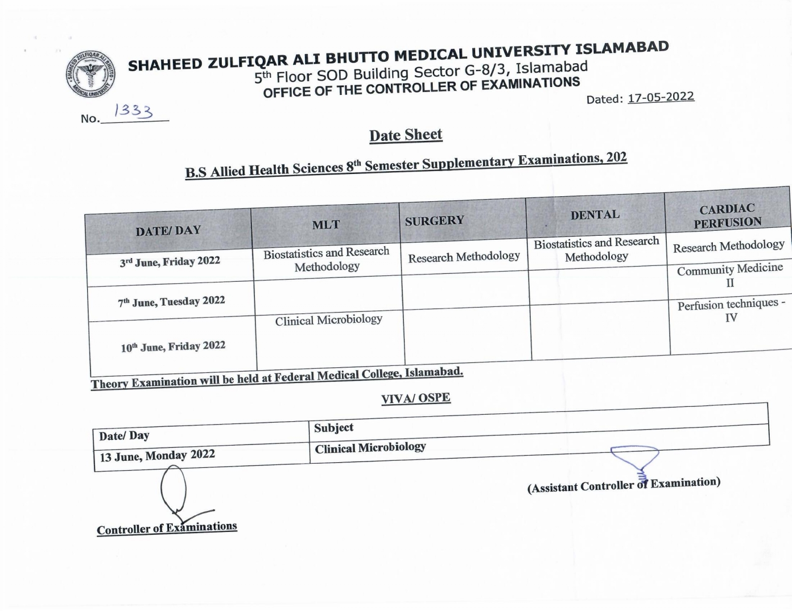 SZABMU BS Allied Health Sciences Supply Exams 2021 Date Sheet 2022 ...