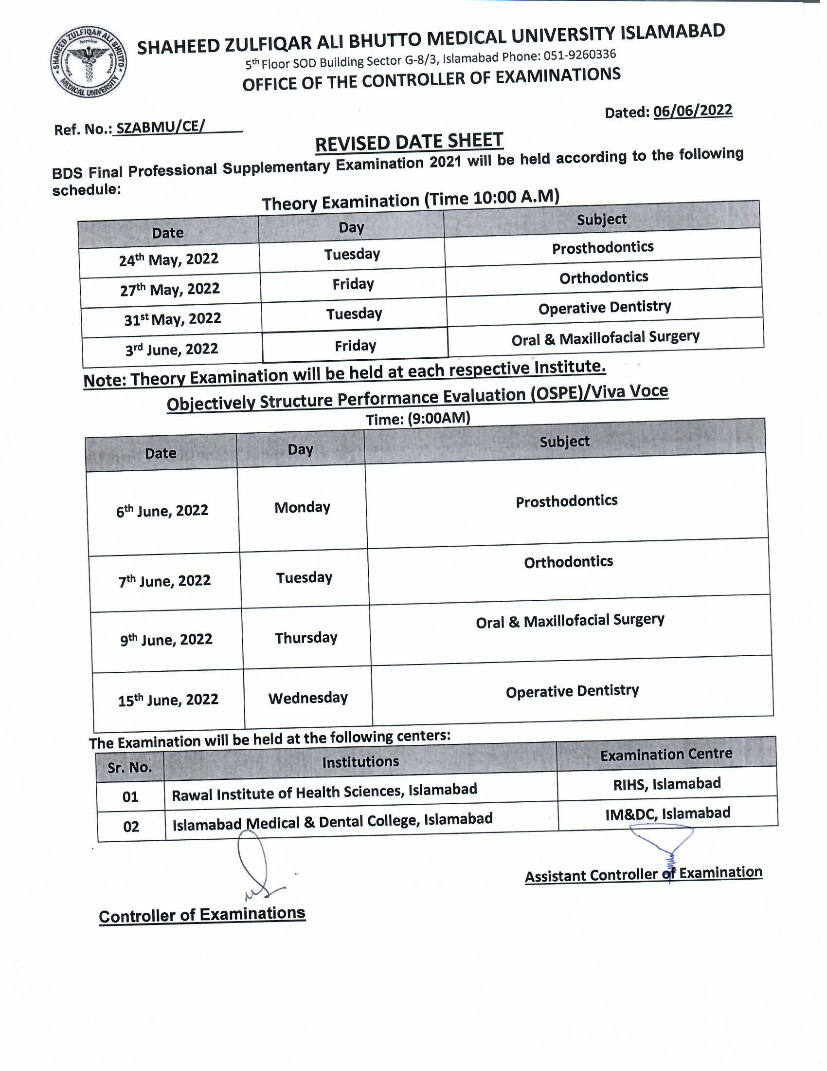 SZABMU BDS Final Prof Supply Exam 2021 Revised Date Sheet 2022 Result.pk