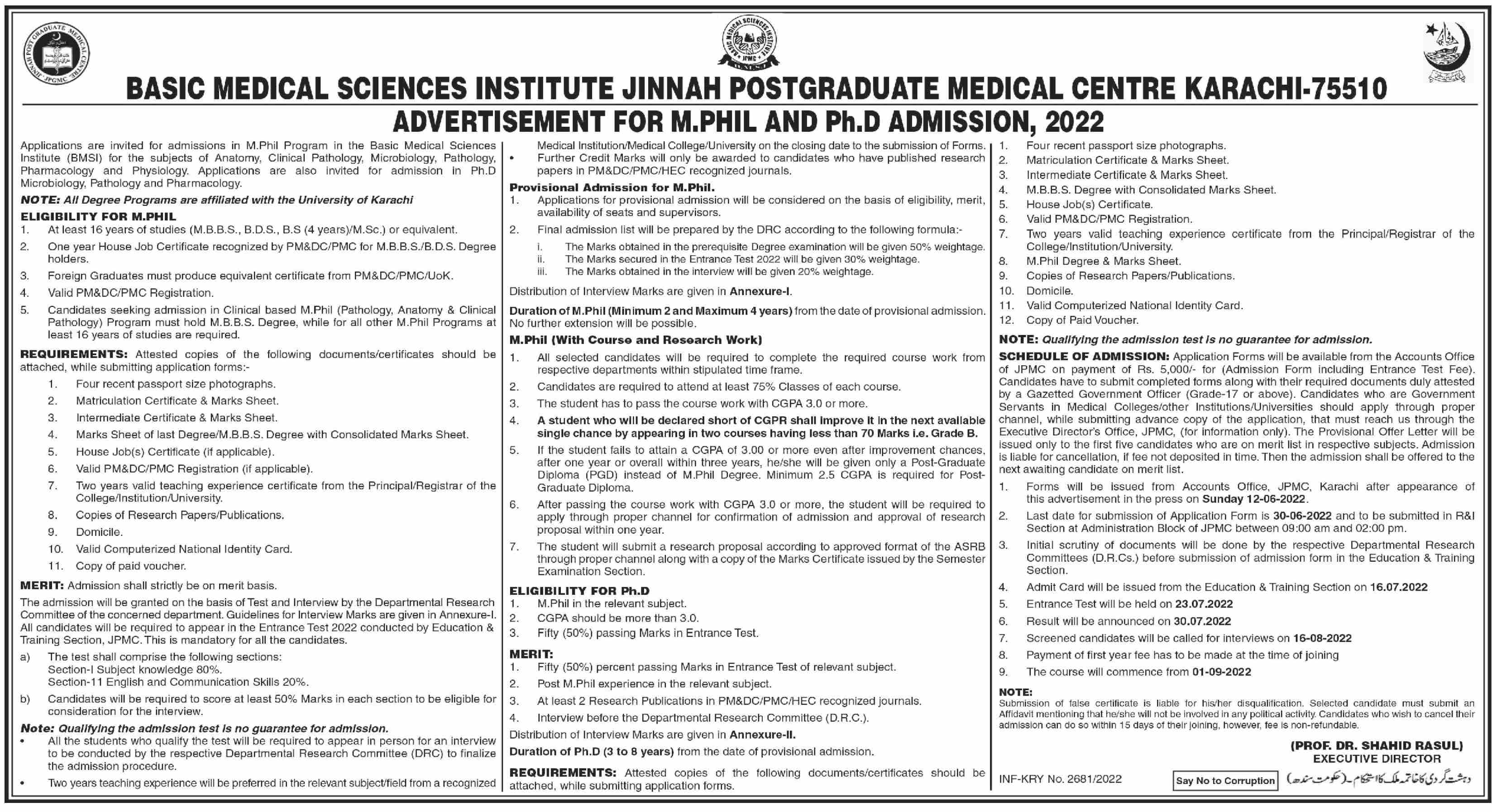 BMSI JPMC MPhil & PhD Admissions 2022 Result.pk