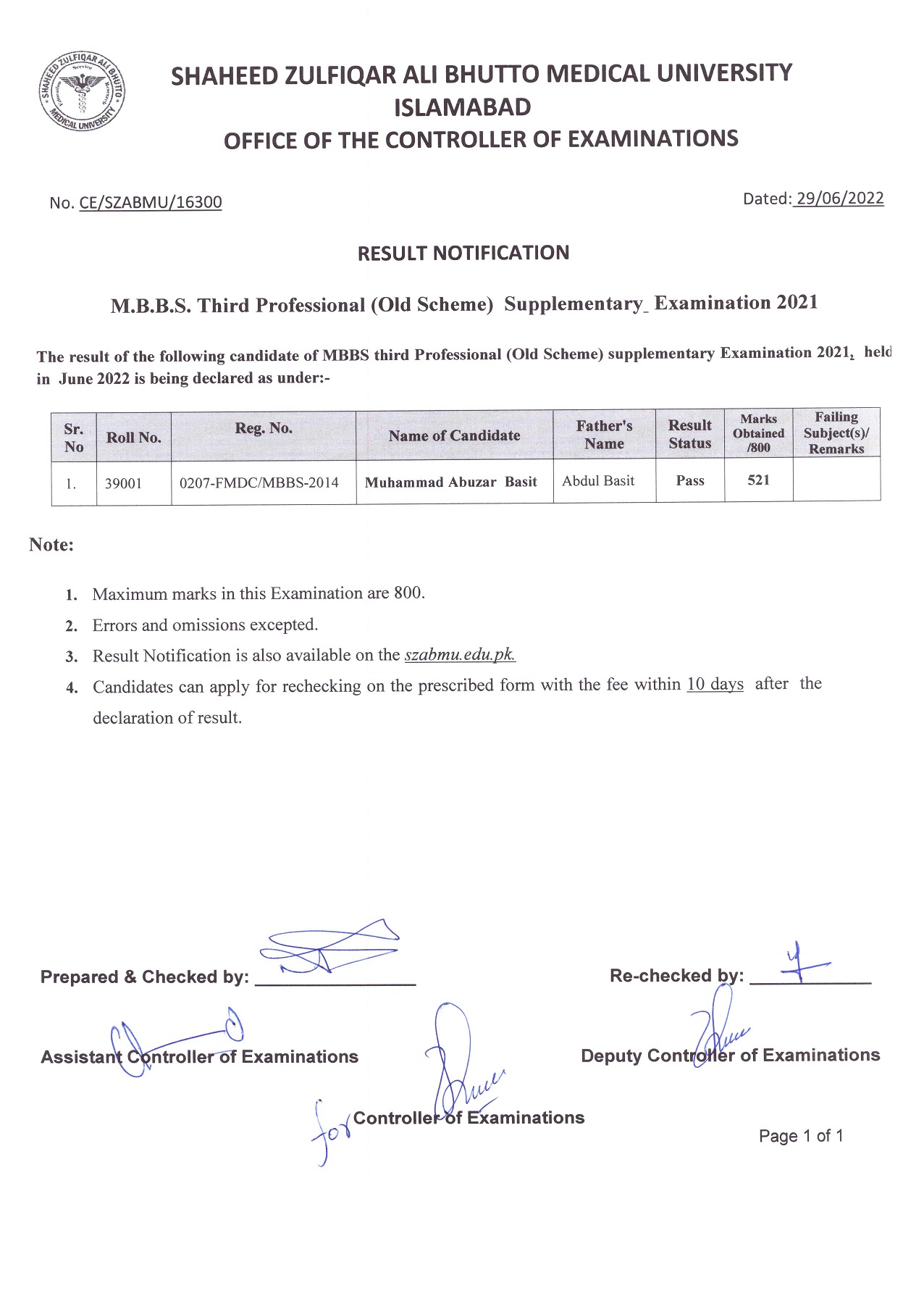 SZABMU Third Prof MBBS Supply Exam 2021 Result 2022 Result.pk