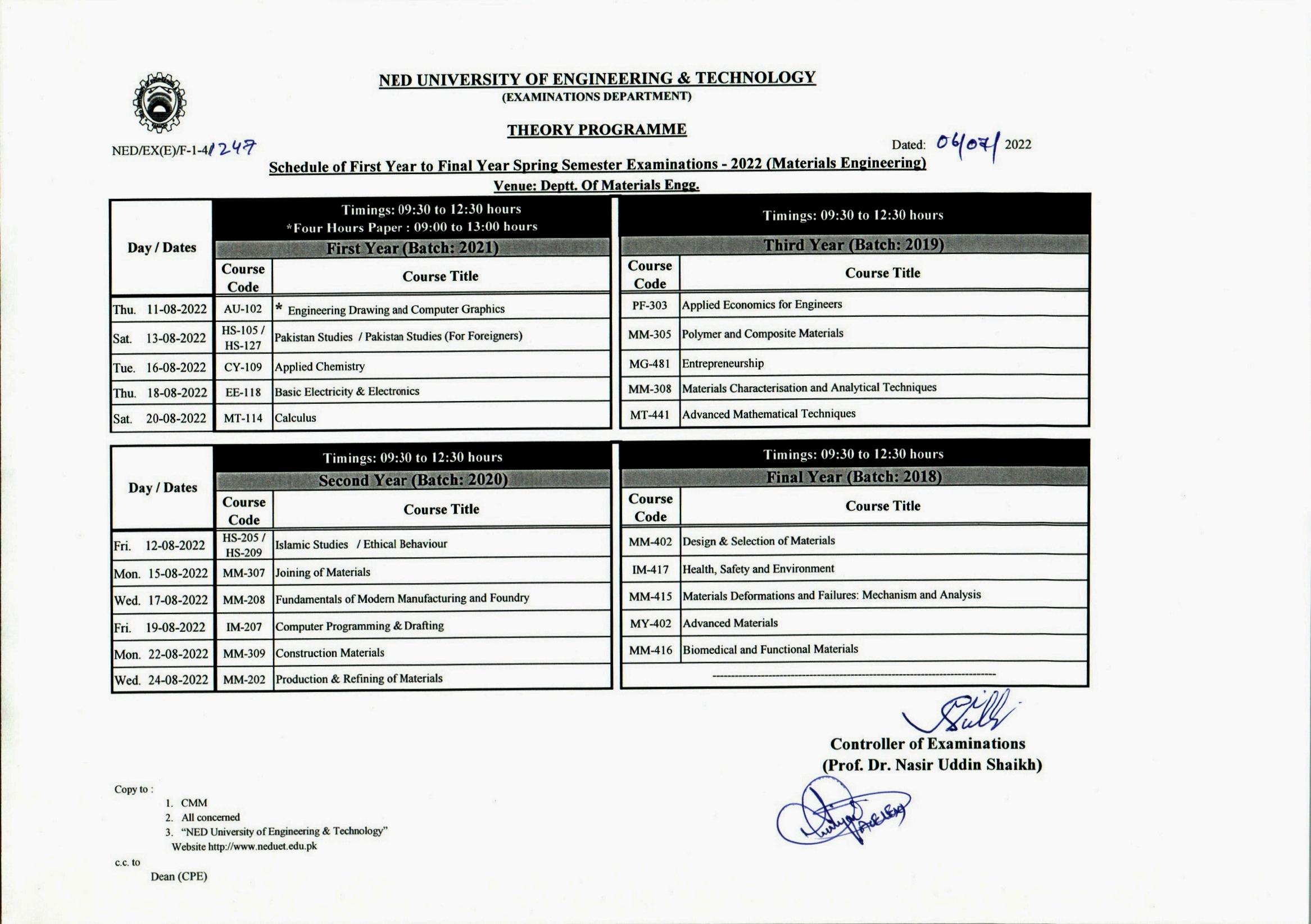 NEDUET BE Materials Engineering Exams 2022 Datesheet Result.pk