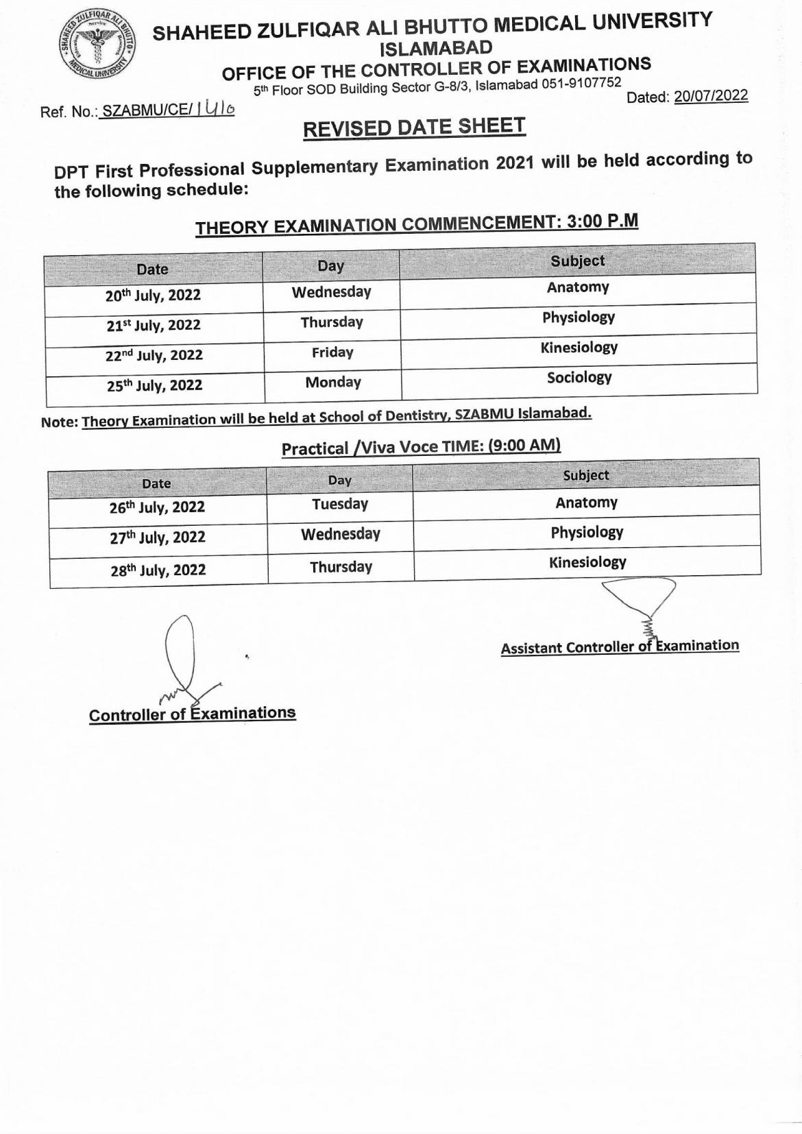 SZABMU DPT First Prof Supply Exam 2021 Schedule 2022 Result.pk