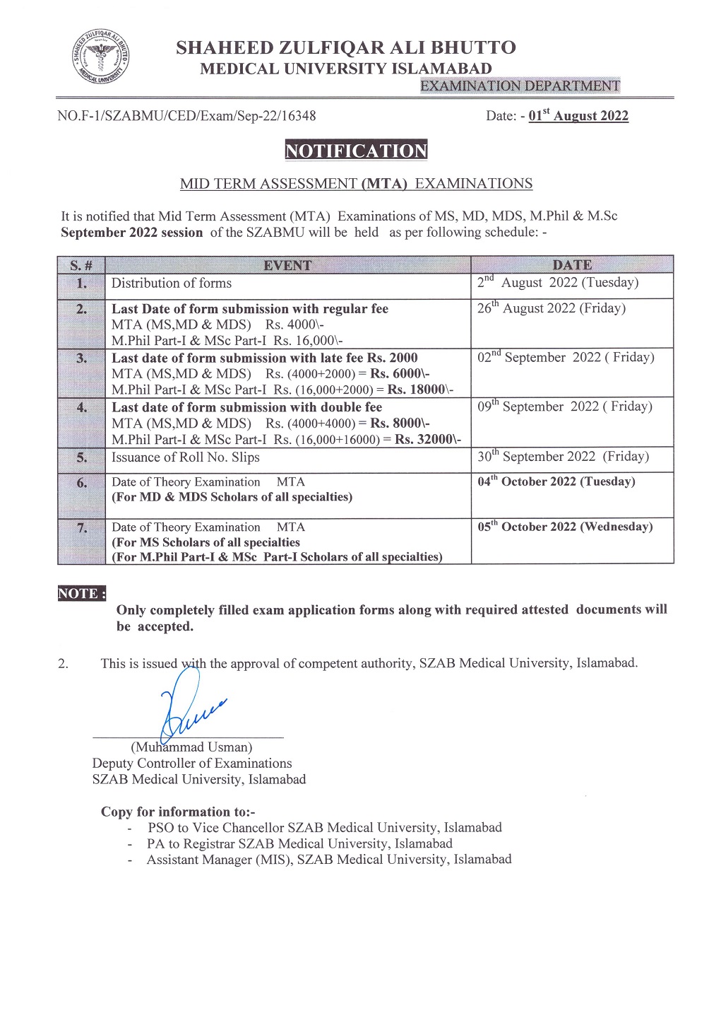 SZABMU MS MD MDS MPhil MSc MTA Exams Admissions Schedule 2022 Result.pk