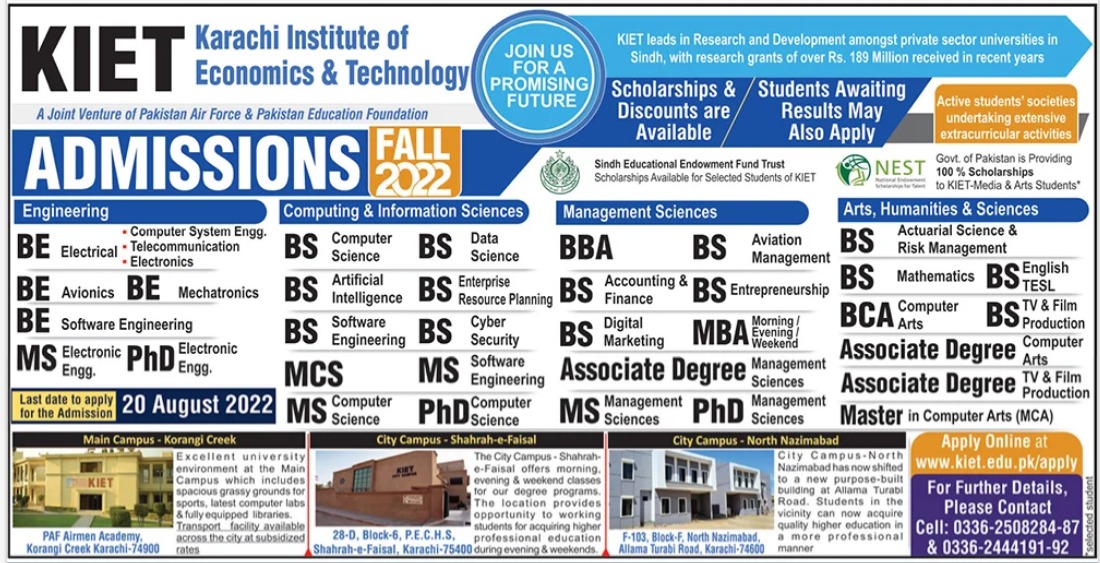 PAF KIET BS BE Fall Admission Notice 2022 Result pk