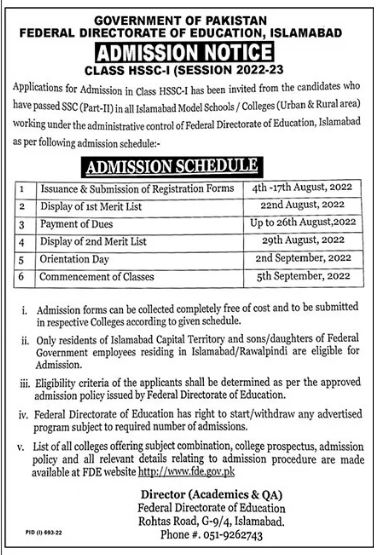 Federal Directorate of Education Islamabad Admission 2022-2023