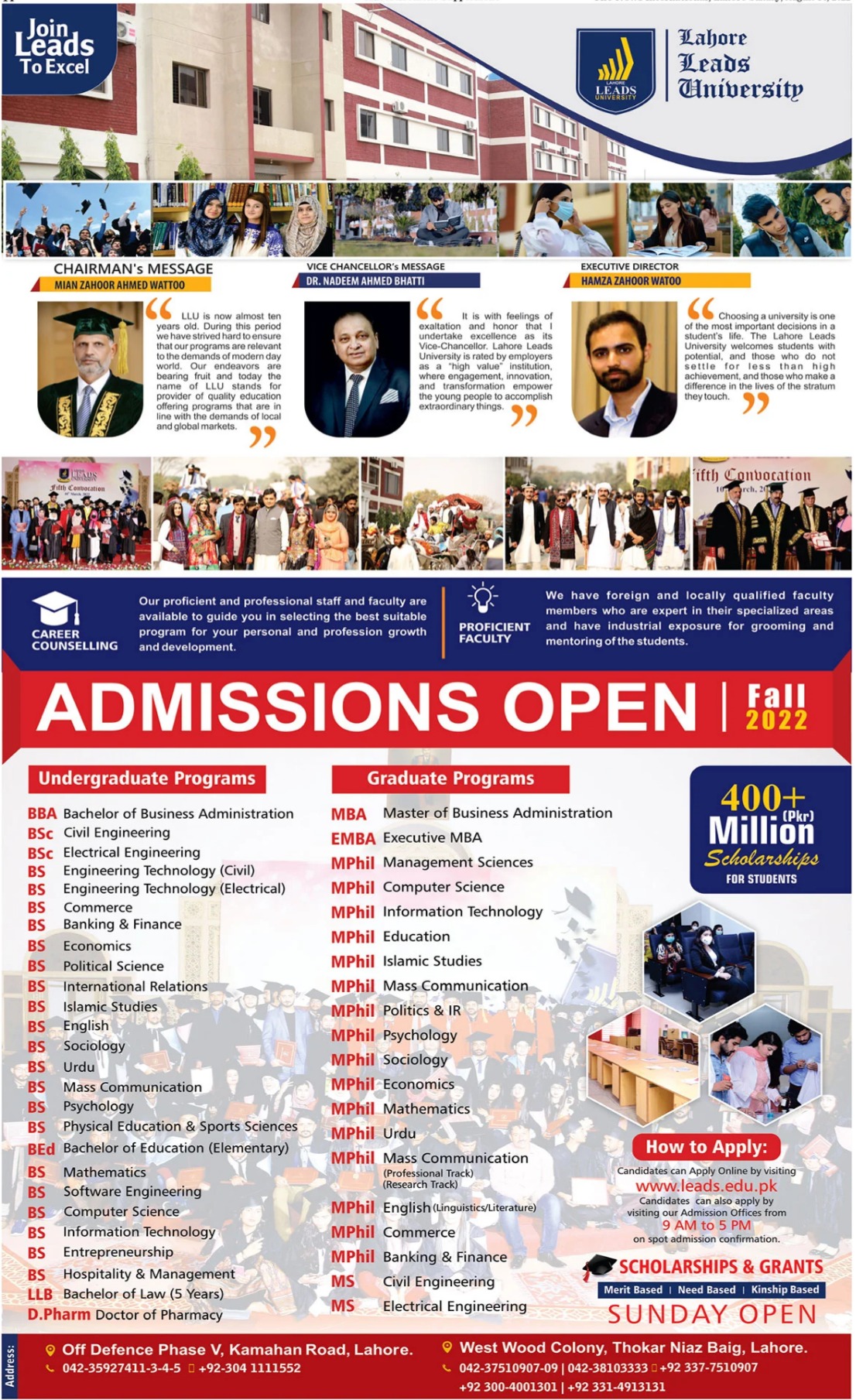 Lahore Leads University BS MPhil Admission 2022 Result.pk