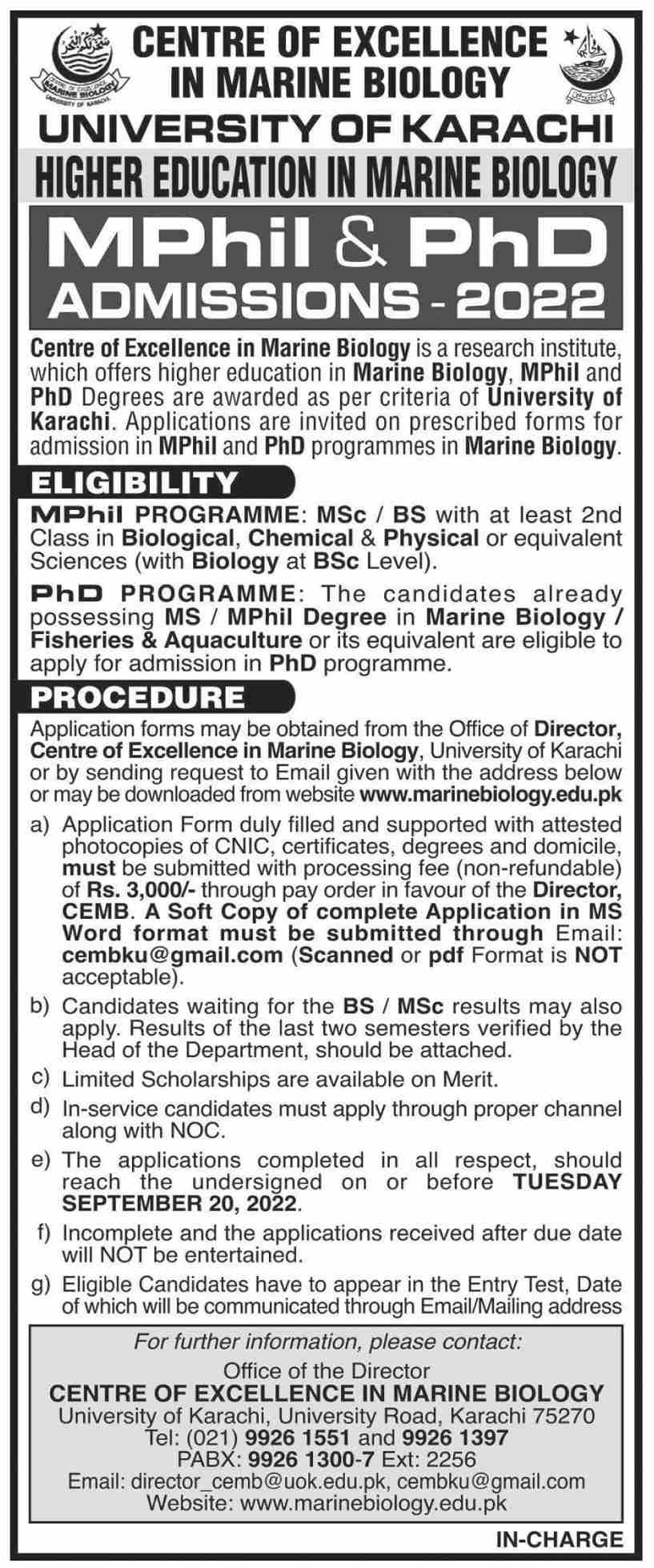 phd chemistry admission 2022 in pakistan