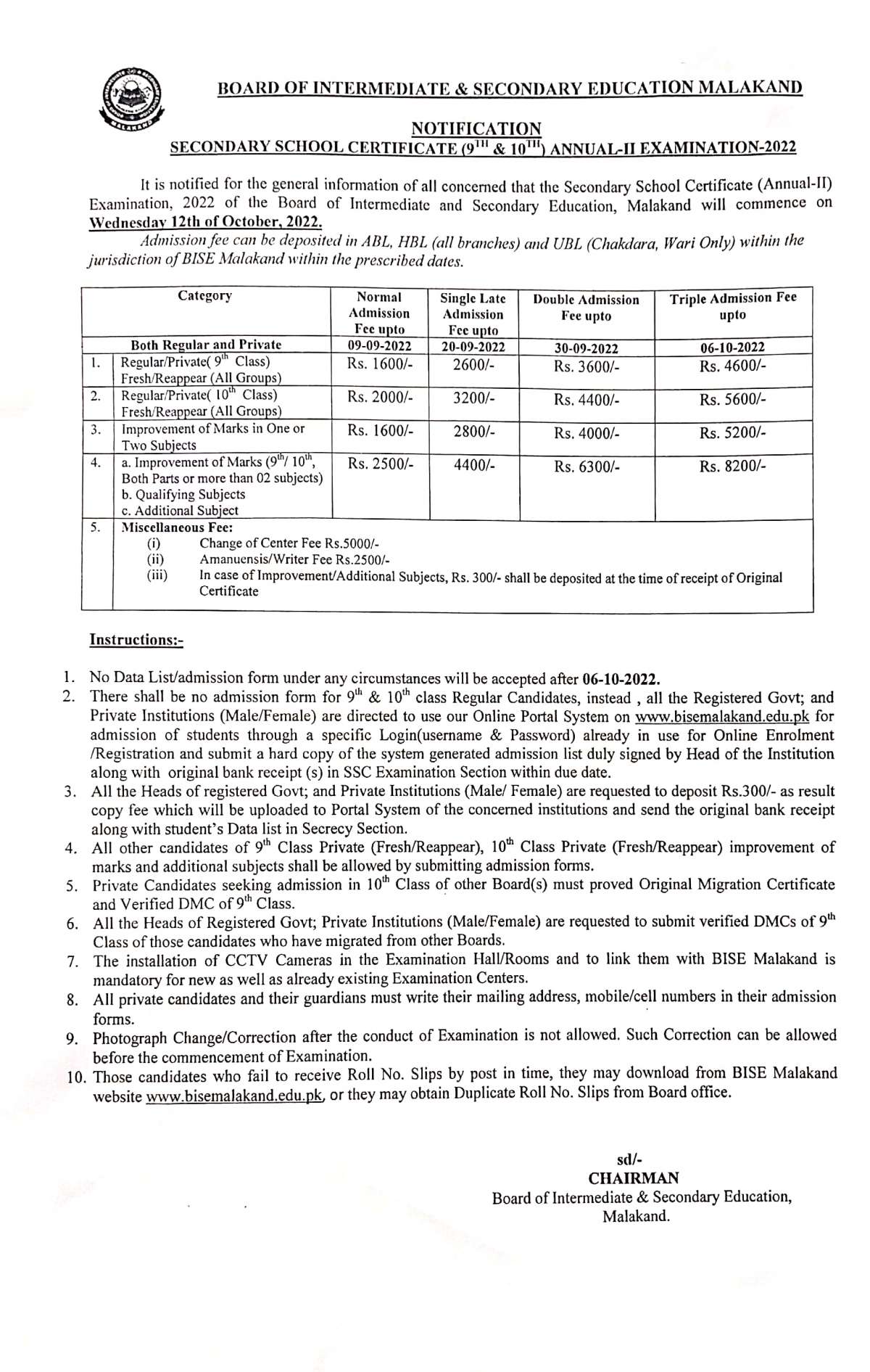 Malakand Board 10th Class 2nd Annual Exams 2022 Schedule Result.pk