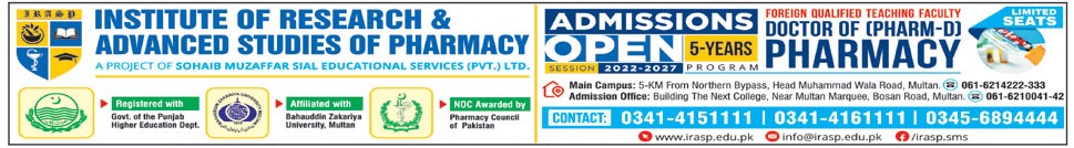 INSTITUTE OF RESEARCH &ADVANCED STUDIES OF PHARMACY Offer  New Admissions