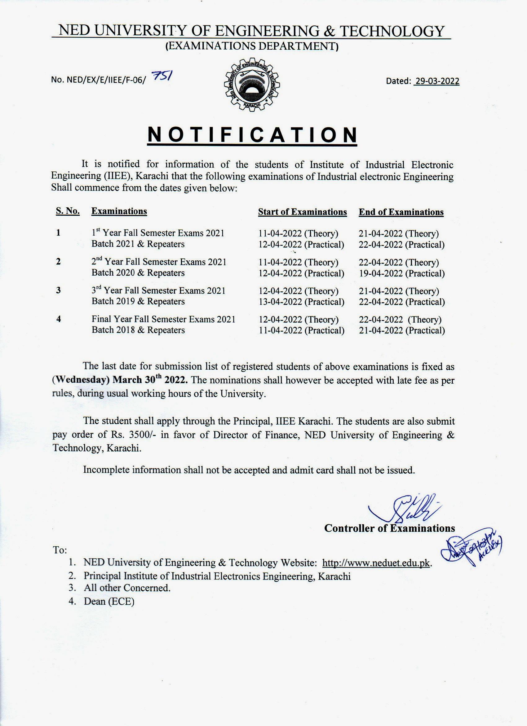 NED UET Industrial Electronic Engineering Exam Schedule 2022 Result.pk