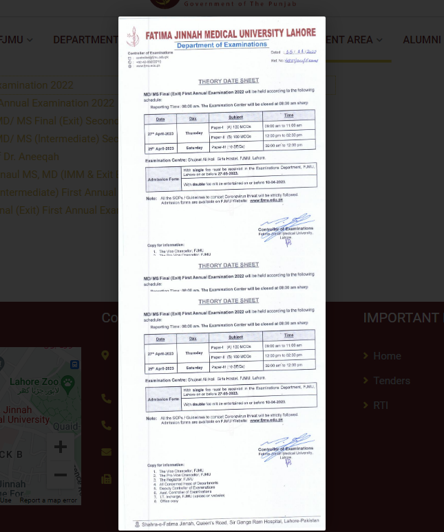 FJMU MS MD Intermediate Final Annual Examination Schedule 2022