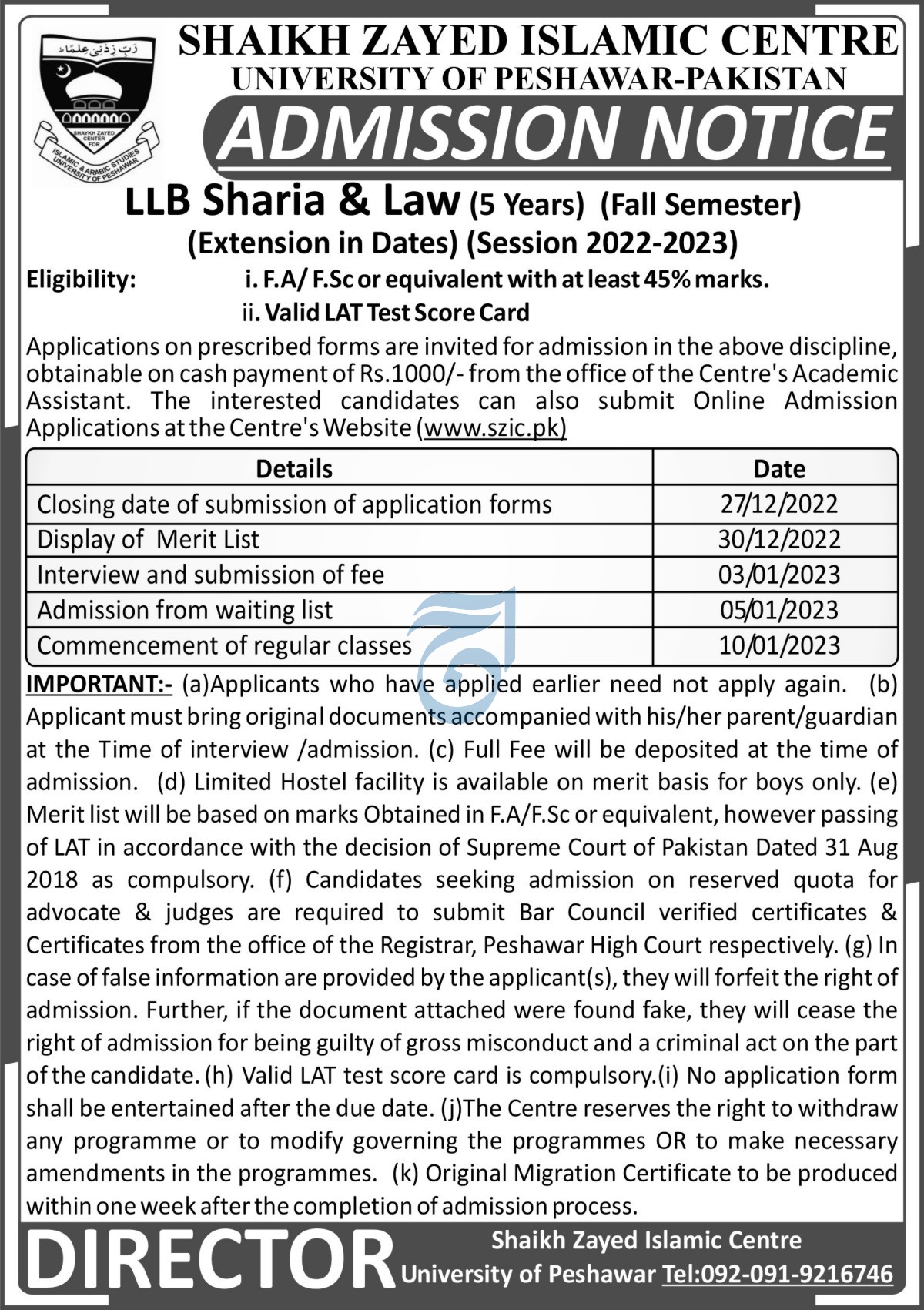 Shaikh Zayed Islamic Centre Admission Session 2022  2023