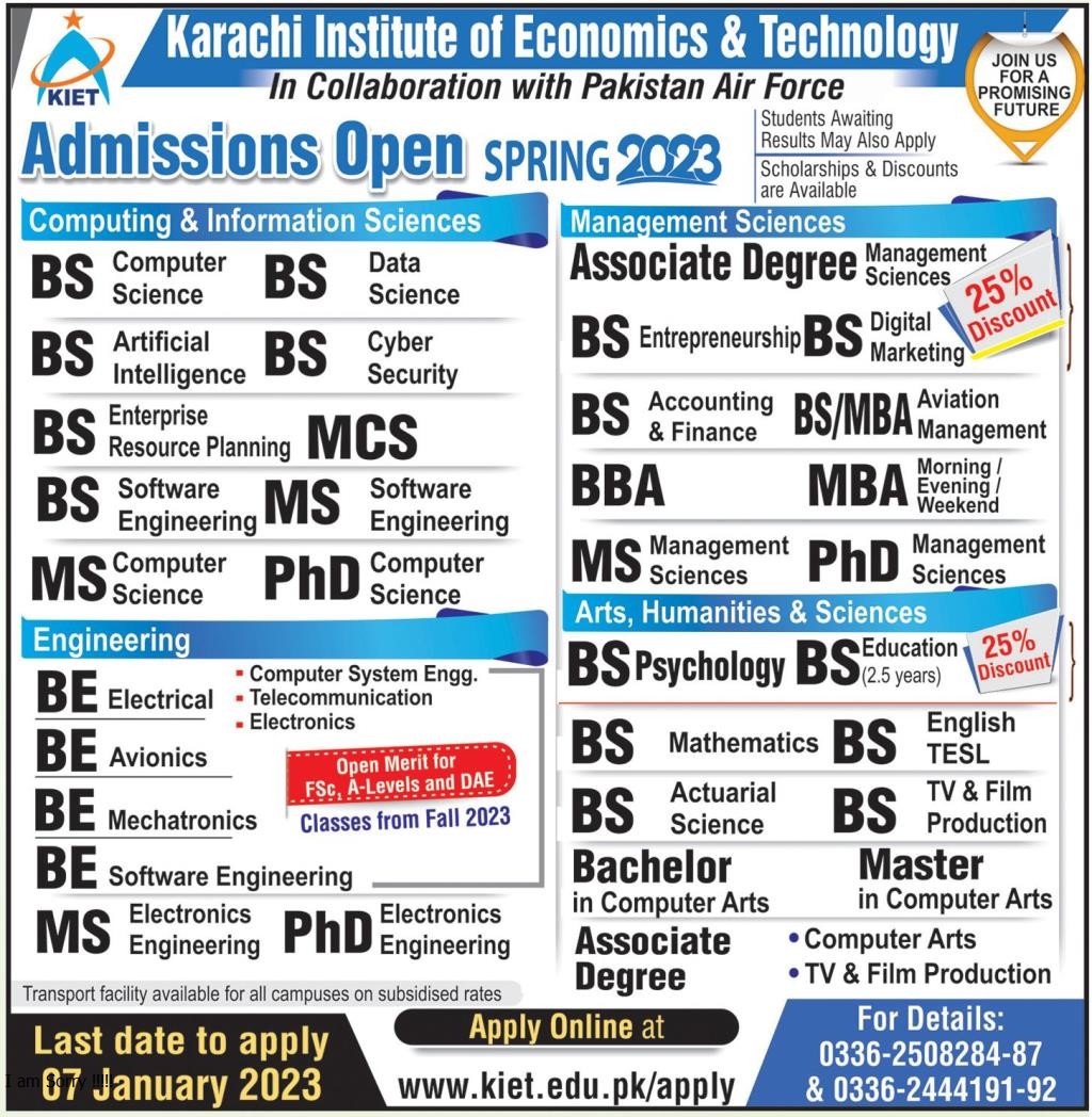 PAF KIET BS MS And PhD Admission Spring 2023 Result pk