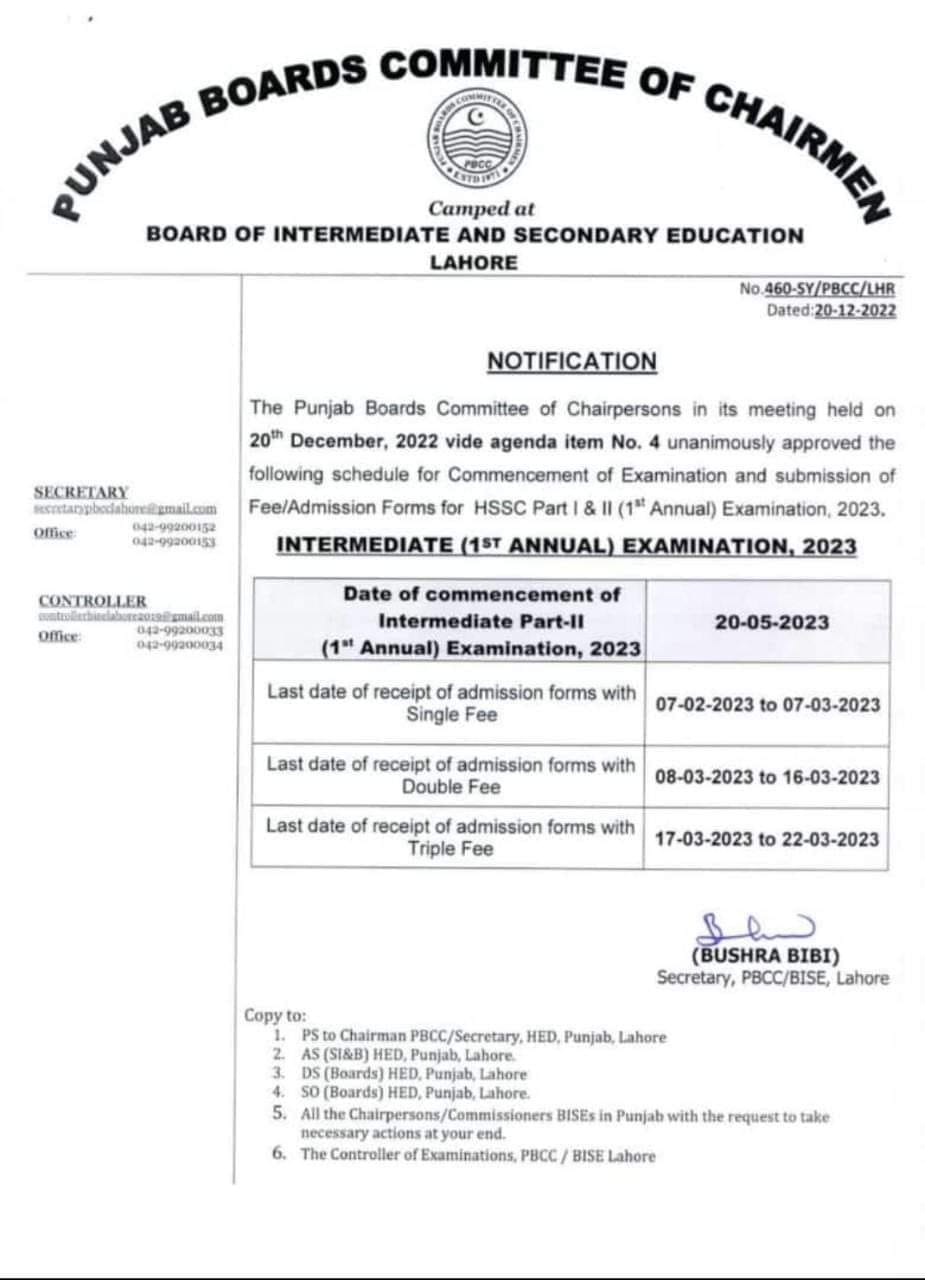 BISE Lahore HSSC Annual Exams Forms Schedule 2023 Result.pk