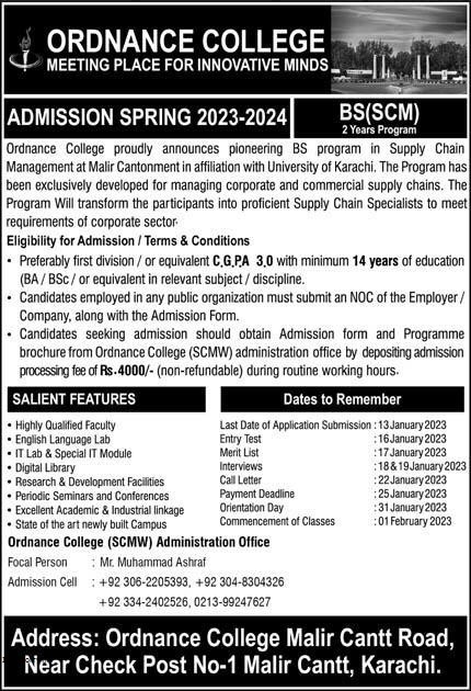 Ordinance College BS SCM Admission Spring 2023 2024