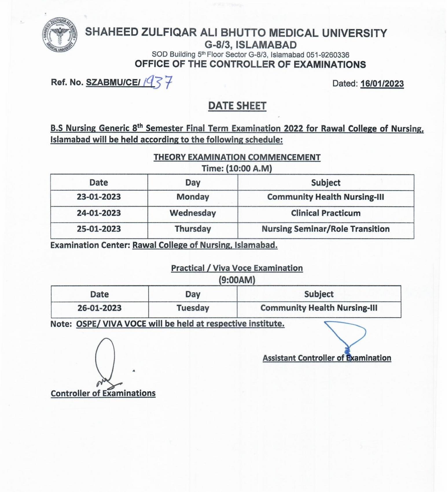 SZABMU BS Nursing Generic Semester VIII Final Term Exam 2022 Date Sheet ...