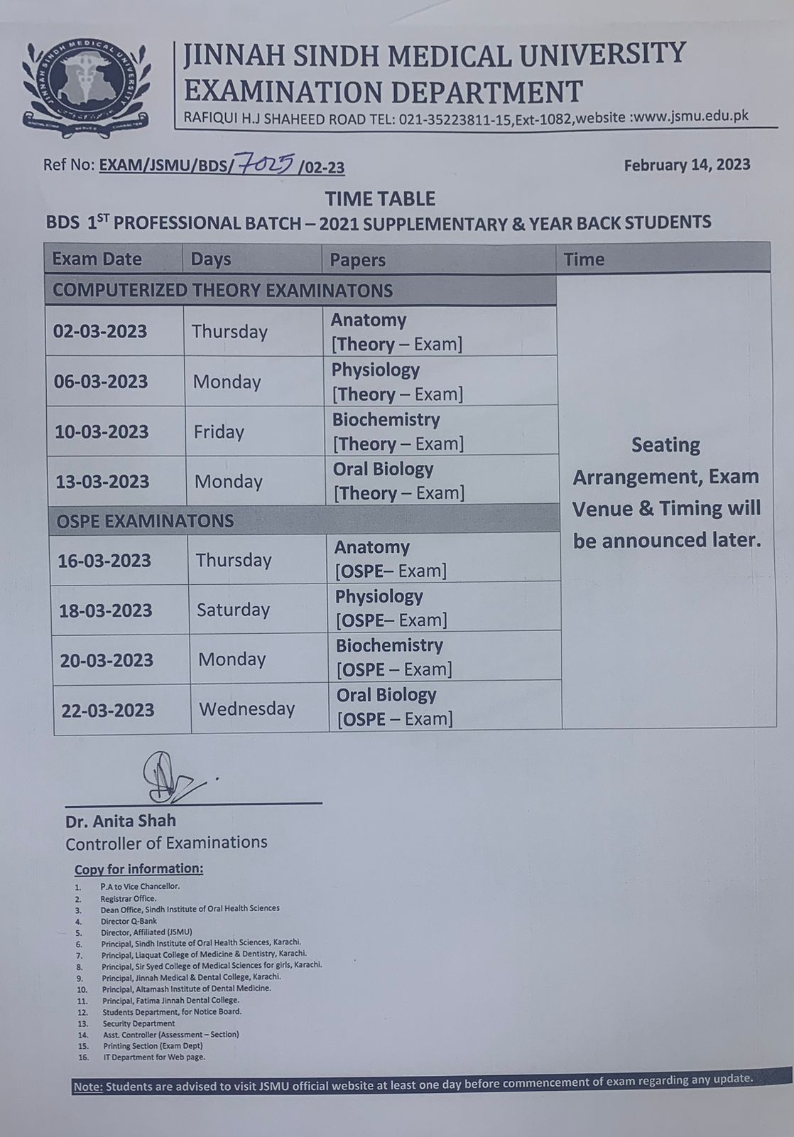 JSMU BDS 1st Prof Batch 2021 and Year Back Supply Exam Schedule 2023