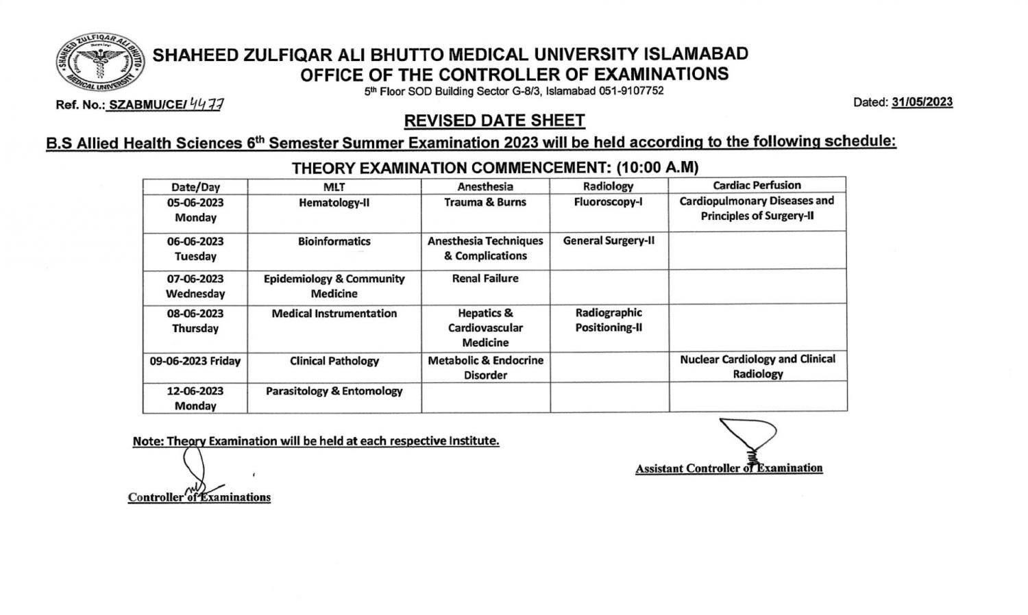 SZABMU BS AHS 6th Semester Summer Exam 2023 Revised Date Sheet Result.pk