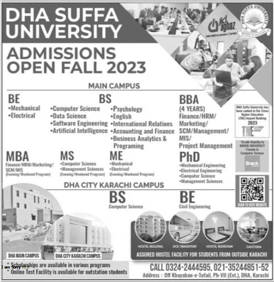 DHA Suffa University BS MS and PhD Programs Admission Fall 2023 Result.pk