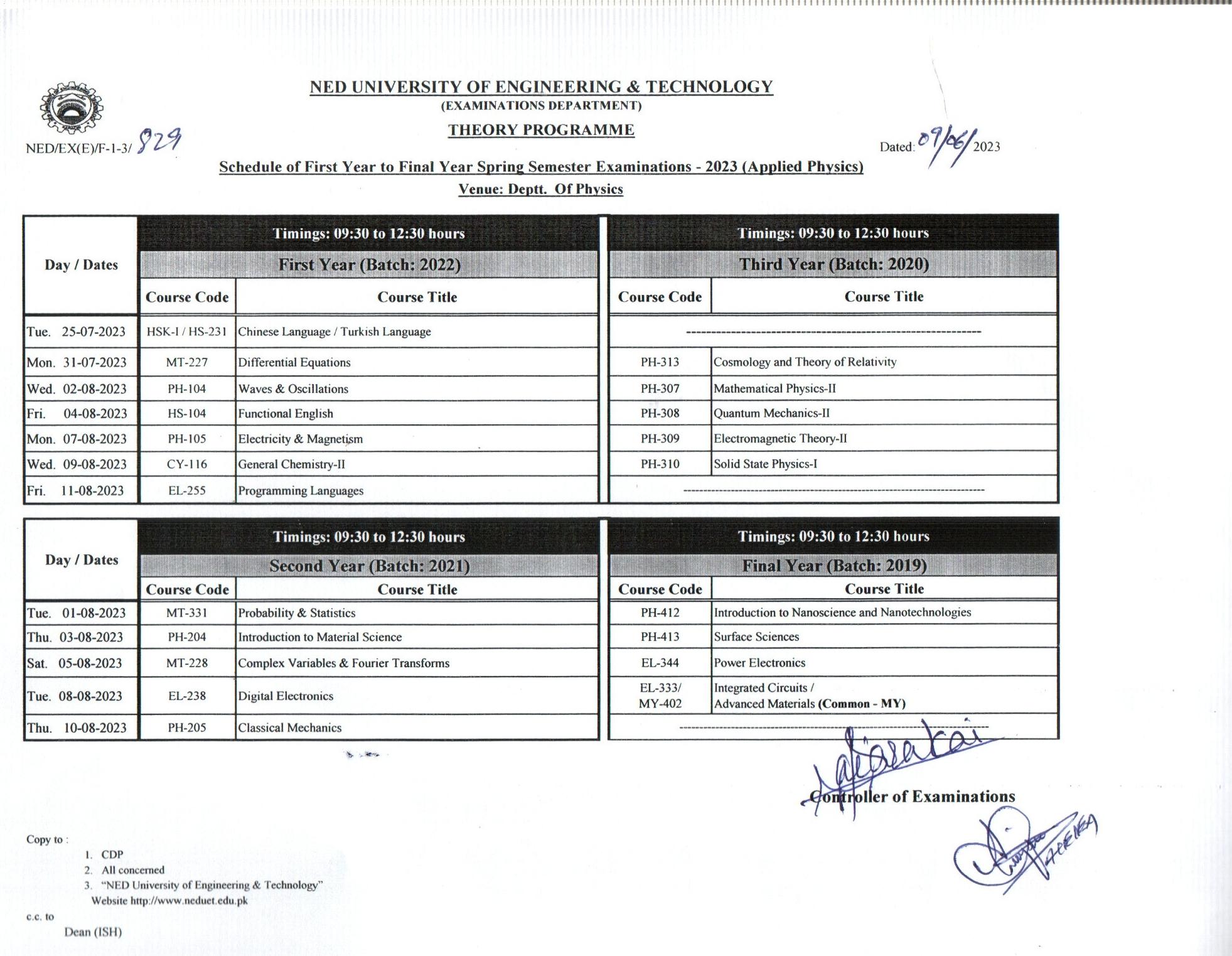 NED UET BS Applied Physics 1st to Final Year Exam Schedule Spring 2023