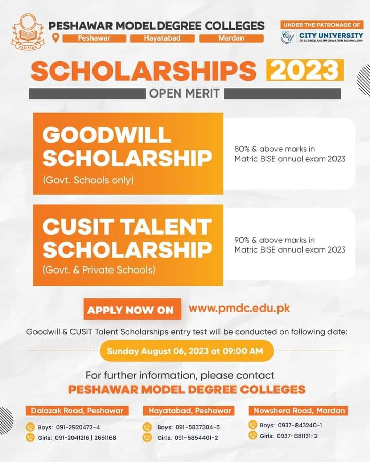 Peshawar model degree college open merit scholarships 2023 result pk