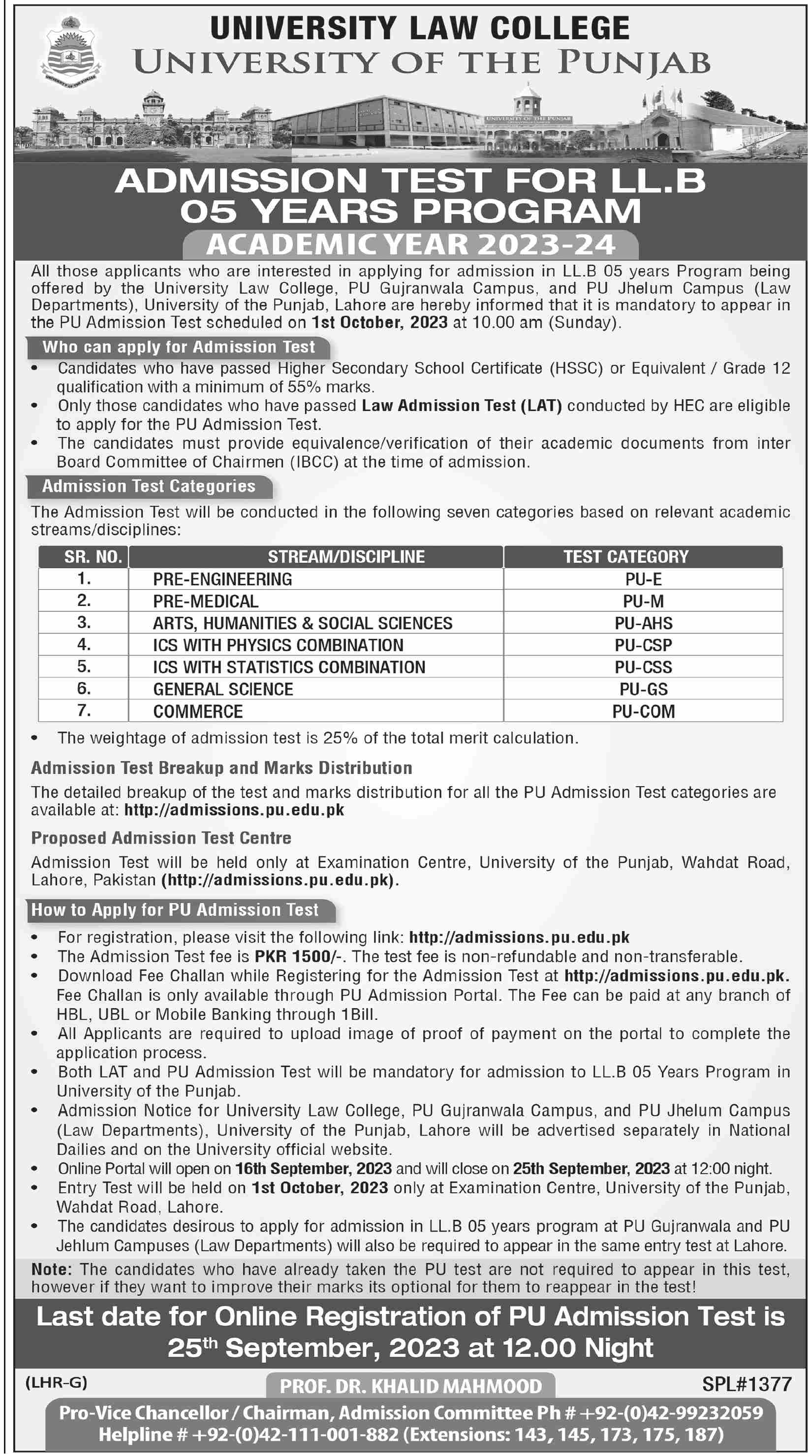 University of Punjab LL.B Admission Test 2023 Result.pk
