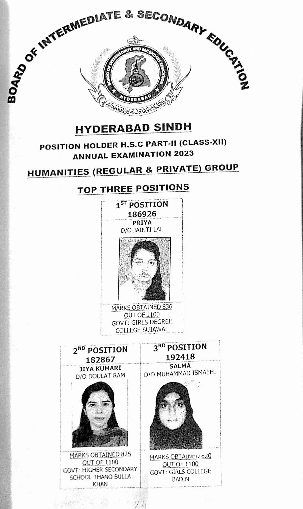 BISE Hyderabad Board Inter Position Holders 2025 HSSC 12th 11th Toppers