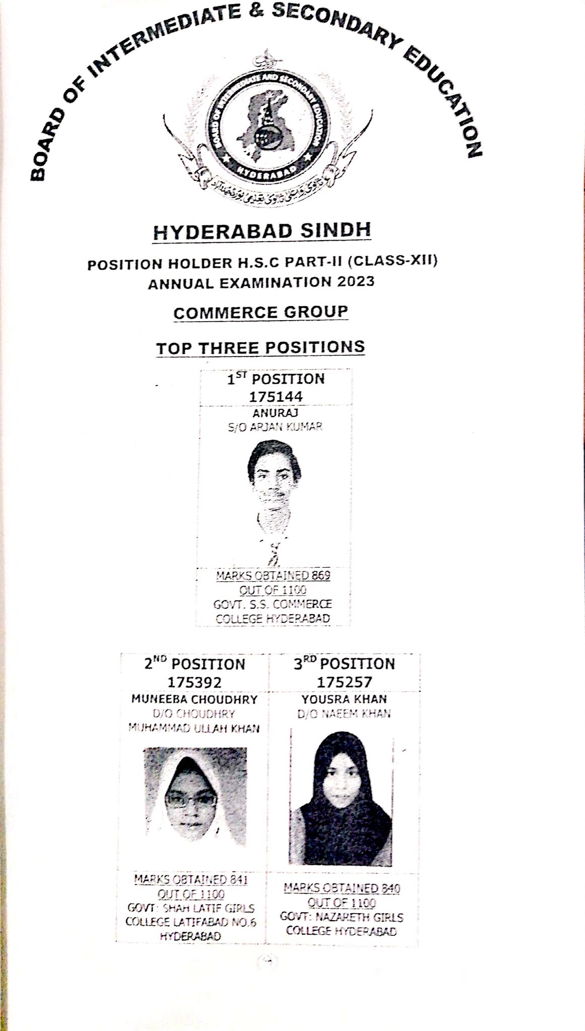 BISE Hyderabad Board Inter Position Holders 2025 HSSC 12th 11th Toppers