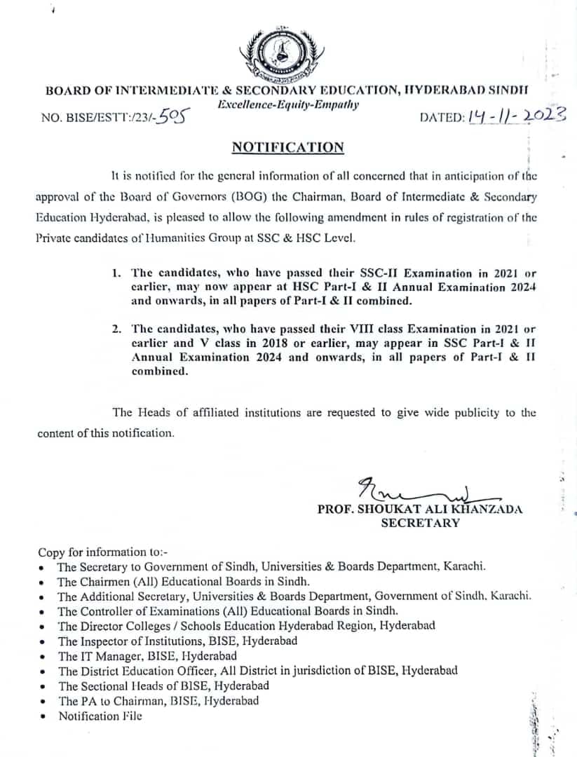 BISE Hyderabad SSC & HSSC New Registration 2025 Private Students Result.pk