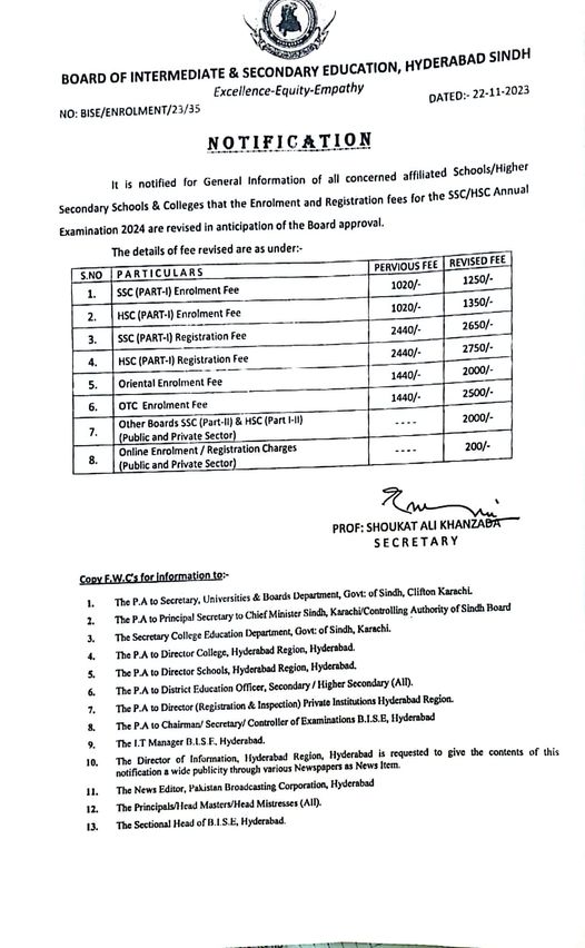 BISE Hyderabad Annual Exams 2025 Revised Registration Fee Result.pk