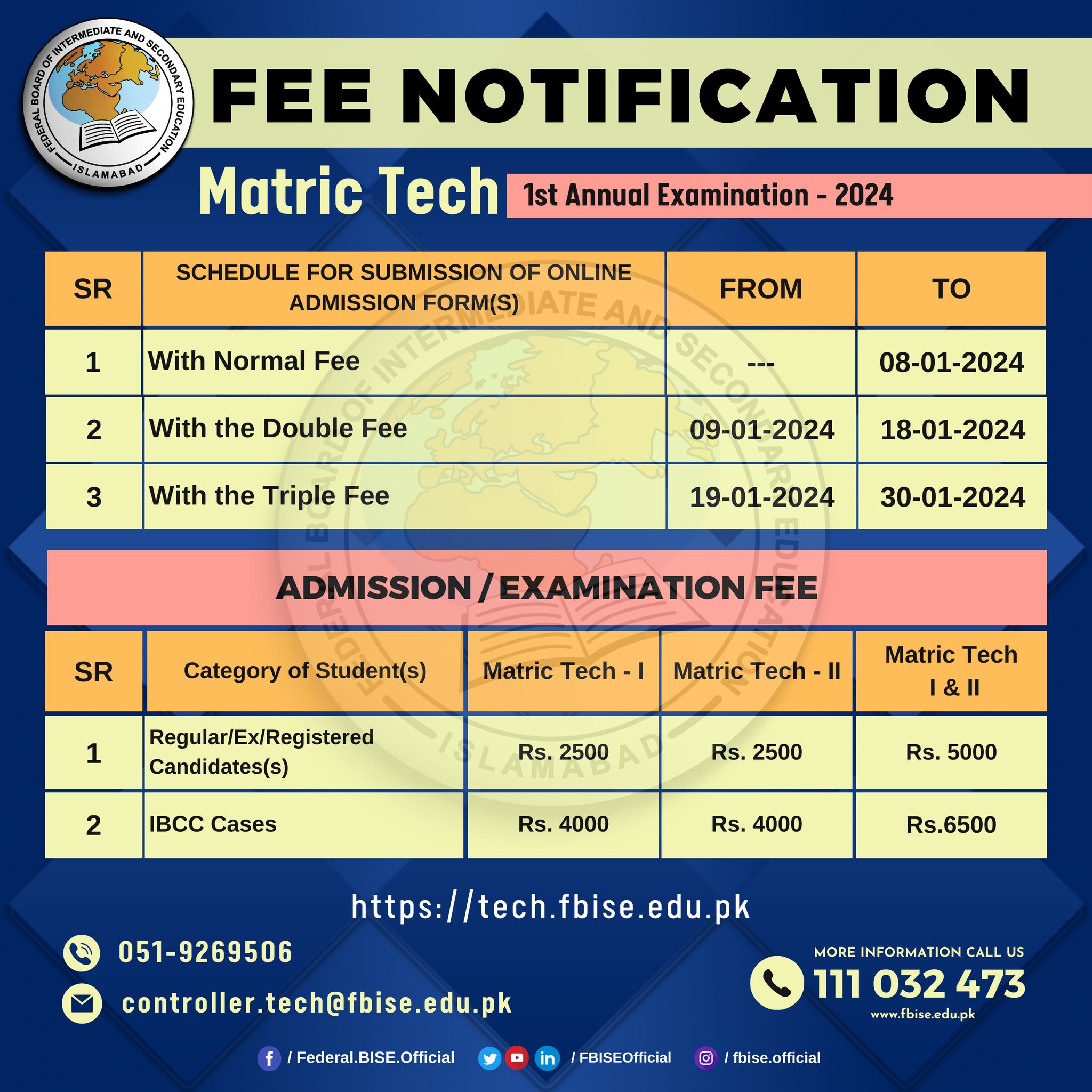 FBISE Board Matric Tech 1st Annual Exams 2024 Schedule Result.pk