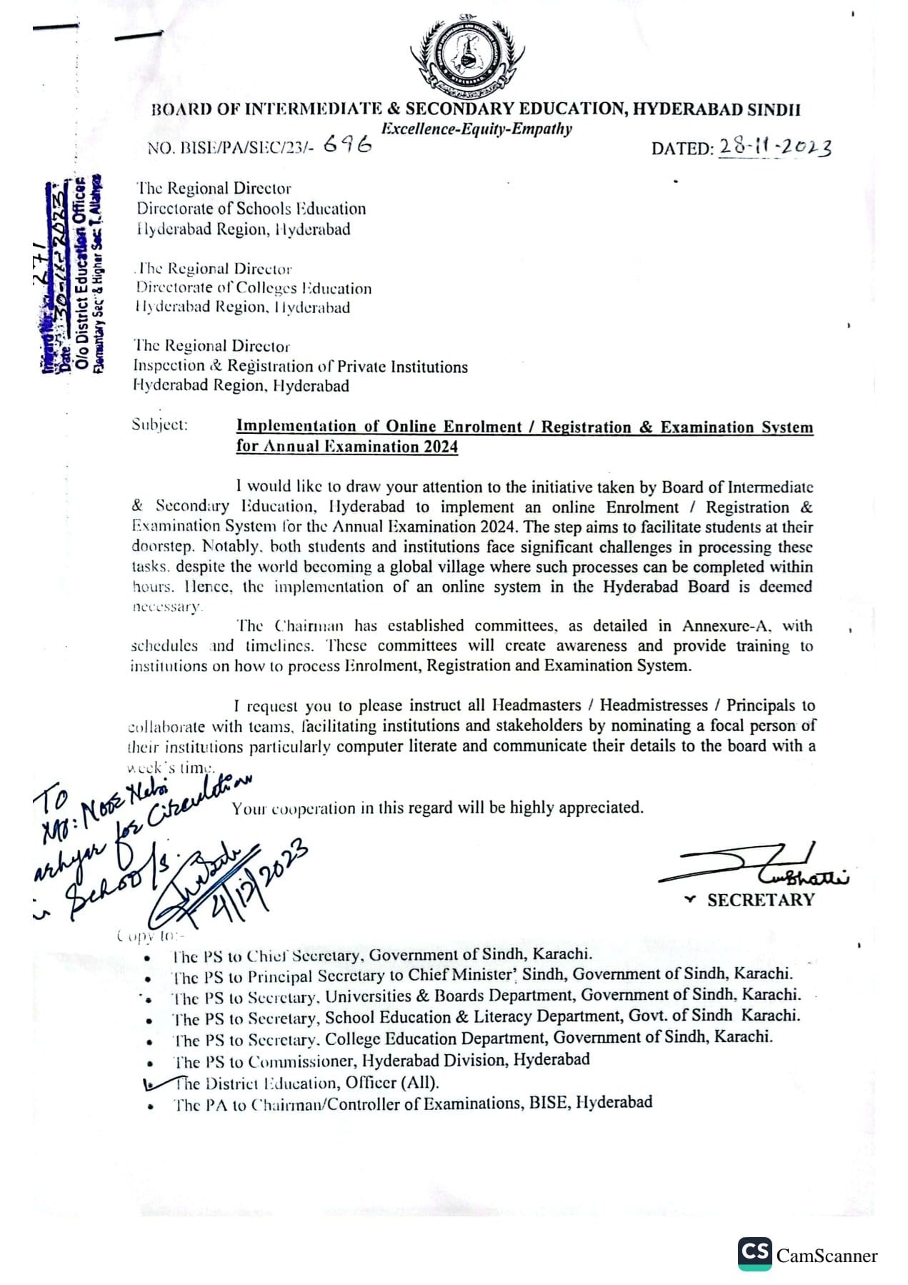 BISE Hyderabad Online Enrolment / Registration for Annual Exams 2025