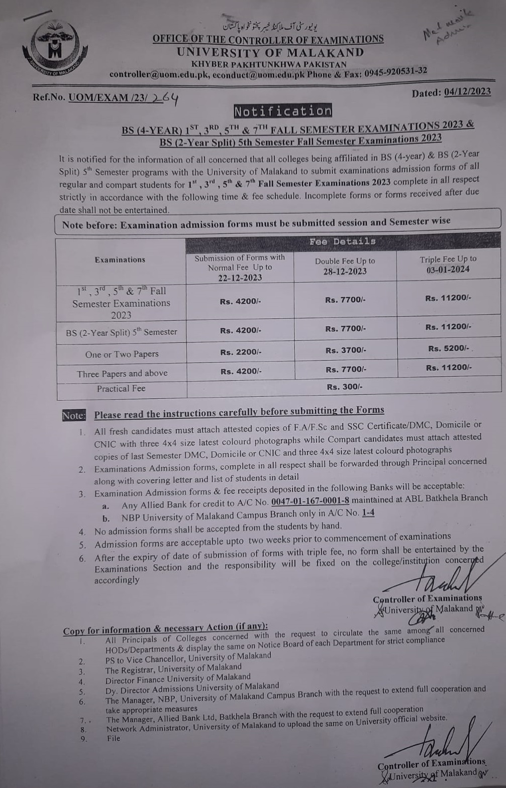 UOM BS Semester Exams Fee Form Submission Schedule 2023 Result.pk