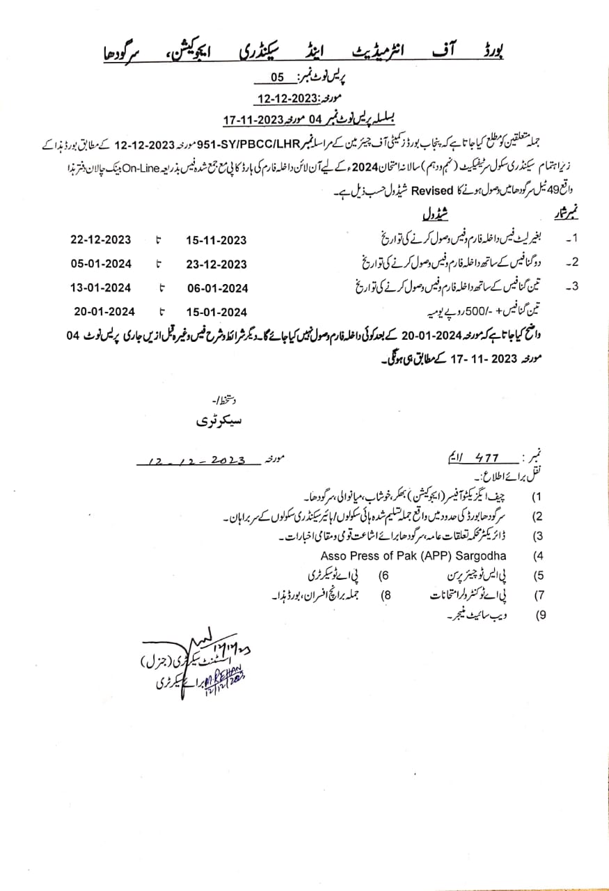 BISE Sargodha SSC Annual Exams 2024 Revised Schedule Result.pk