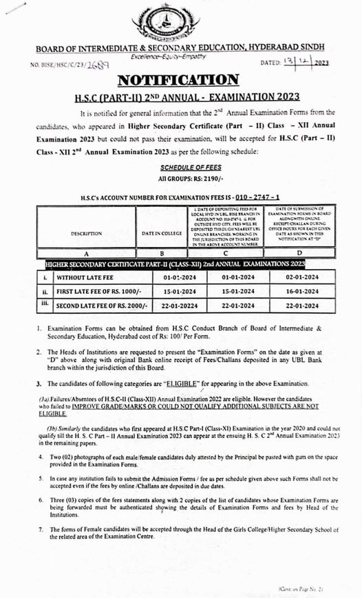 BISE Hyderabad Inter 2nd Annual Exams 2023 Forms Schedule Result.pk