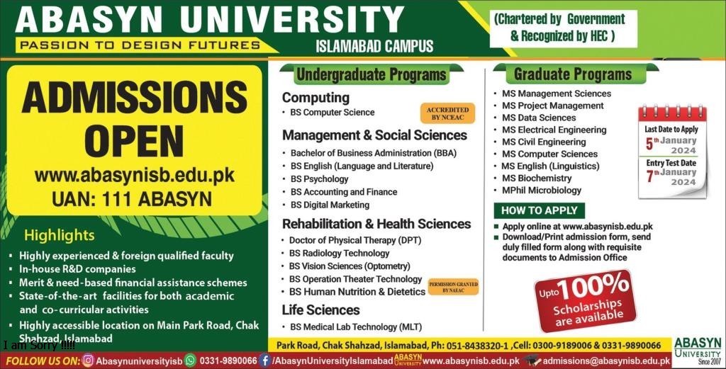ABASYN University BS MS MPhil Admission 2024 Result.pk