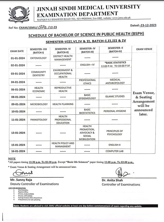 JSMU BSPH Semester Semester Date Sheet 2023 Result.pk