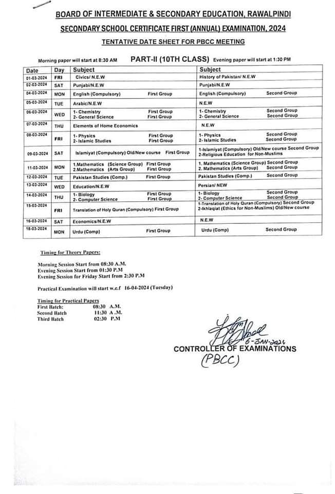 BISE Rawalpindi 10th Class Tentative Date Sheet 2024 Result.pk