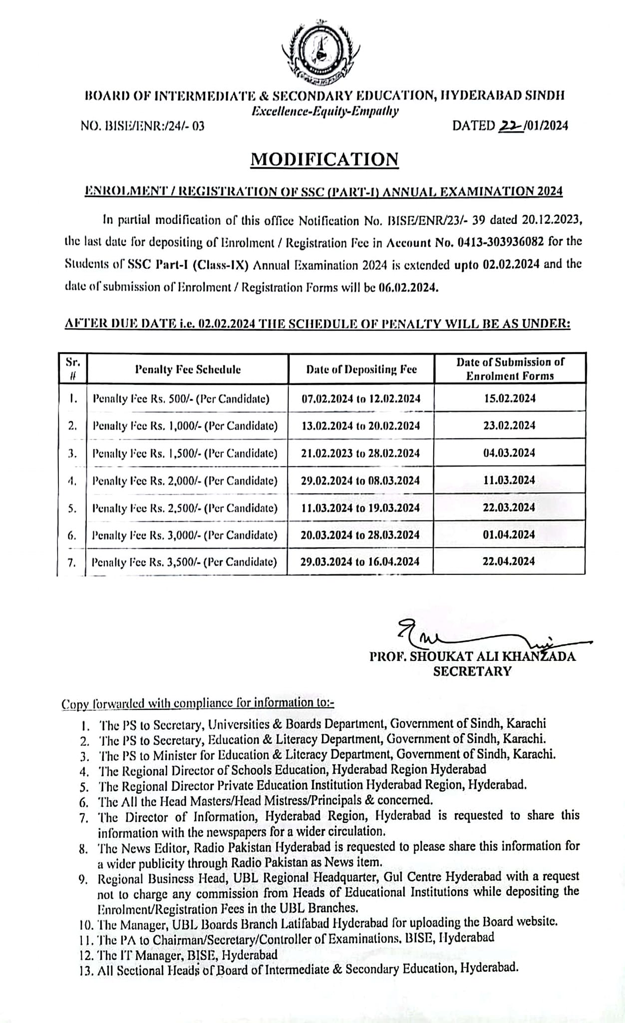 BISE Hyderabad 9th Class Annual Exams 2024 Registration Schedule Result.pk