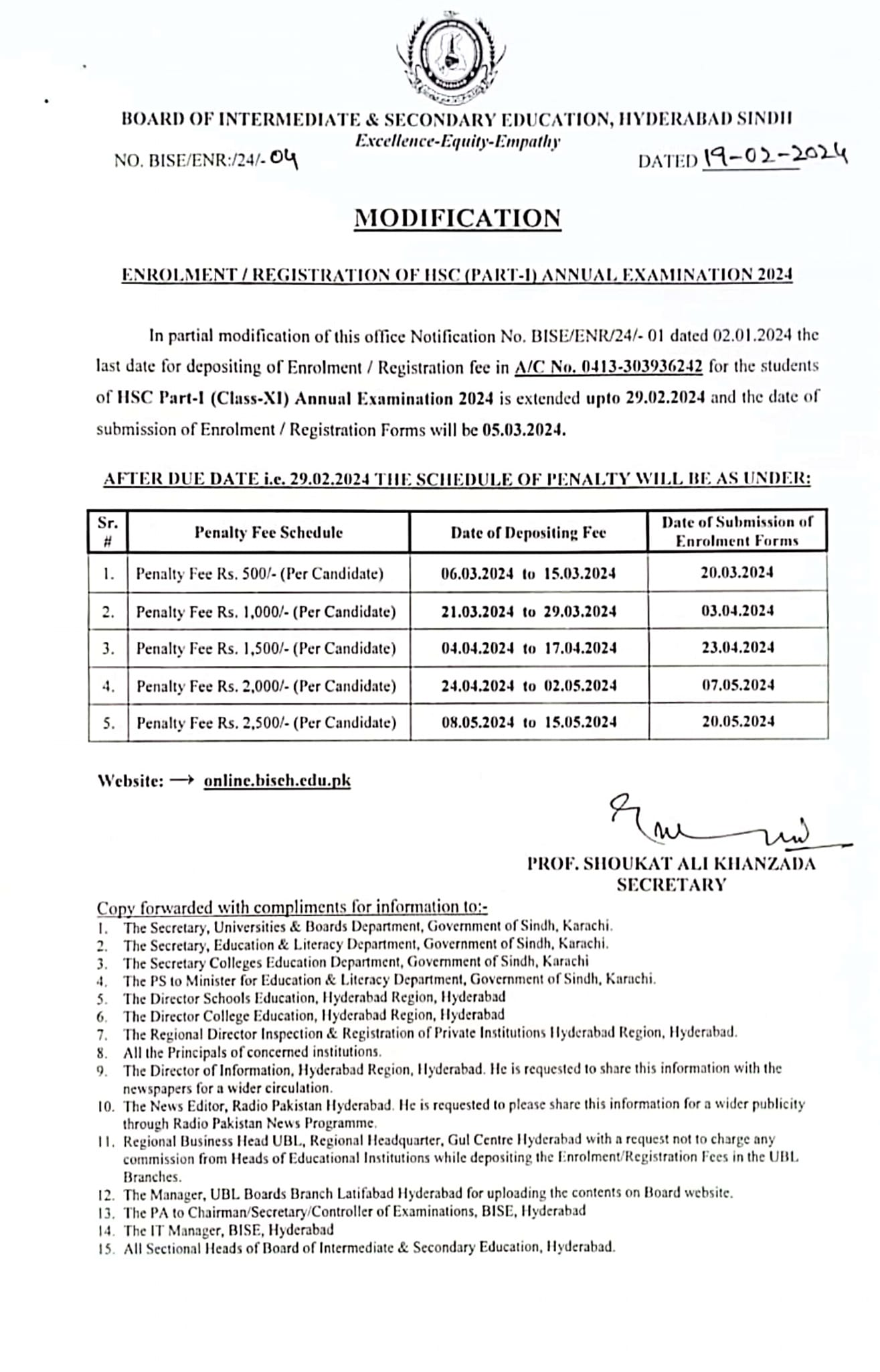 BISE Hyderabad 11th Class Annual Exams 2024 Revised Enrolment Schedule
