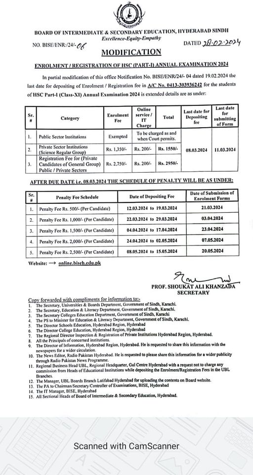 BISE Hyderabad HSC Part 1 Annual Exams 2024 Registration Schedule Result.pk