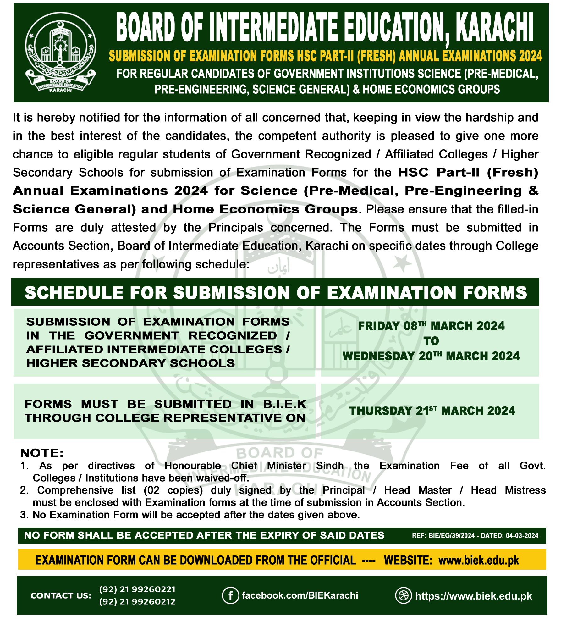 BIEK Karachi HSC Part 2 Exams 2024 Revised Schedule Result.pk