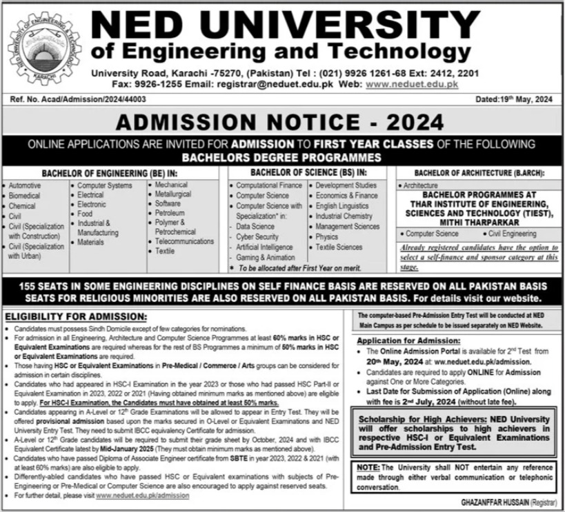 NED UNIVERSITY of Engineering and Technology Admissions 2024 Result.pk