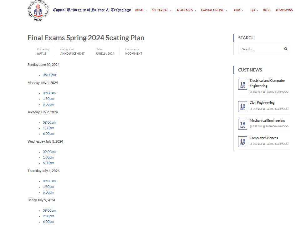 CUST Final Term Exams Date Sheet Plus Seating Plan 2024 Result.pk