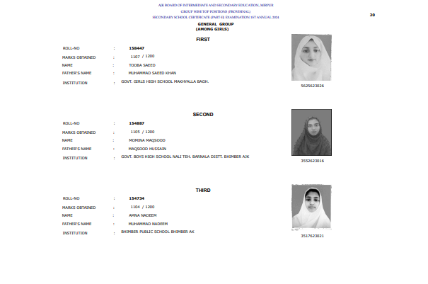 AJK Board 10th Class Top 3 Position Holders 2024 General Group Girls