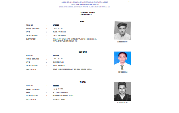 AJK Board 10th Class Top 3 Position Holders 2024 General Group Boys