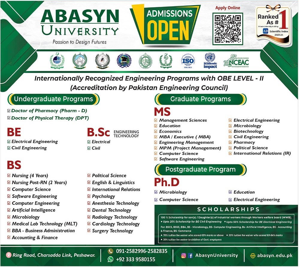 Abasyn University Admissions Open for all UG PG and Graduate Programs ...