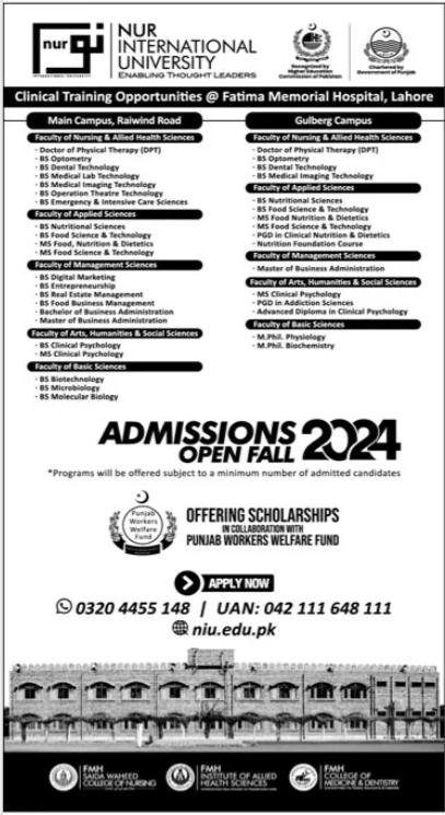 NIU Nur International University Courses BS MS MPhil DPT PGDAdmission ...