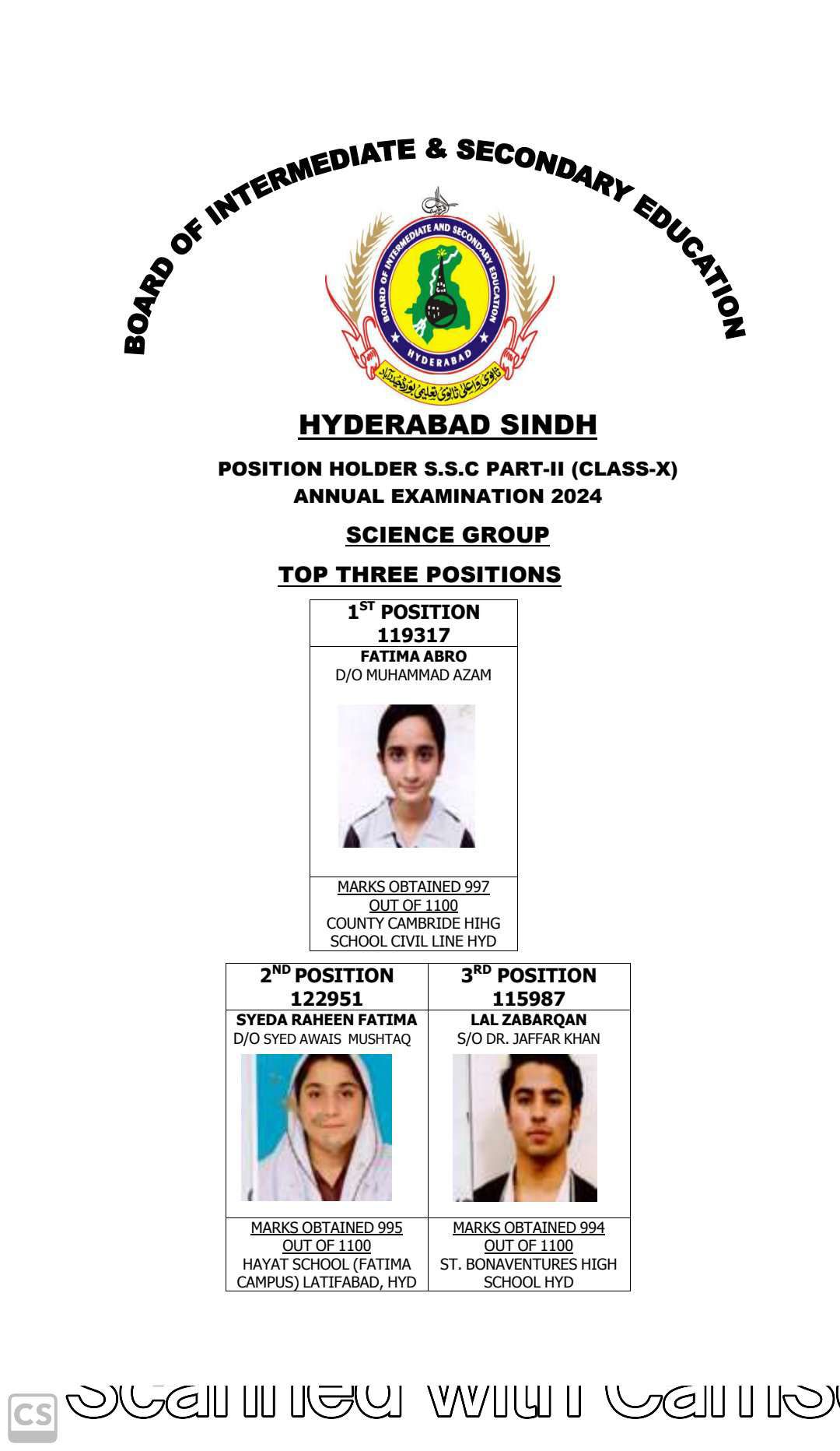 Hyderabad Board 10th Class Science Group Position Holders 2024 Bise Hyderabad 10th Class Science Group Position Holders 2024